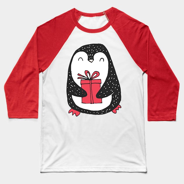 Cute Christmas Penguin with Wrapped Gift Baseball T-Shirt by CoffeeandTeas